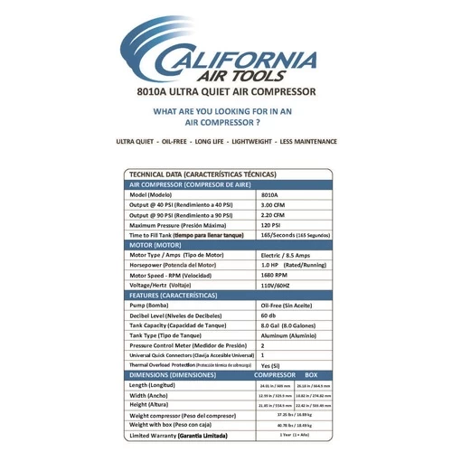 California Air Tools CAT-8010A 1 HP 8 Gallon Ultra Quiet And Oil-Free Aluminum Tank Wheelbarrow Air Compressor 8 California Air Tools CAT-8010A 1 HP 8 Gallon Ultra Quiet And Oil-Free Aluminum Tank Wheelbarrow Air Compressor - Image 8