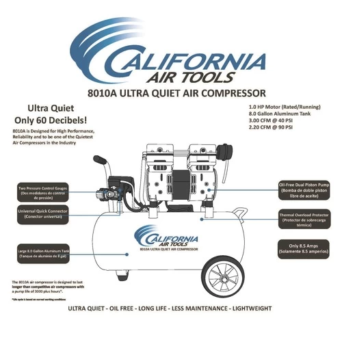 California Air Tools CAT-8010A 1 HP 8 Gallon Ultra Quiet And Oil-Free Aluminum Tank Wheelbarrow Air Compressor 11 California Air Tools CAT-8010A 1 HP 8 Gallon Ultra Quiet And Oil-Free Aluminum Tank Wheelbarrow Air Compressor - Image 11