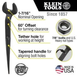 Klein Tools 3213TT 1-7/16 In. Nominal Opening With Tether Hole Spud Wrench -Tool Store klnn3213tt a